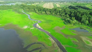 Çayır ve nehir akıntısının geniş hava manzarası