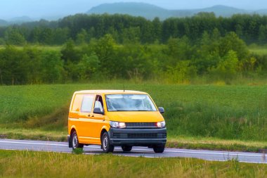 Orman geçmişi olan taşra yolunda bir nakliye aracı.