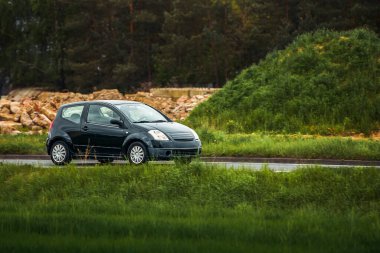 Ucuz bir şehir arabası çimlerin üzerinden geçiyor.