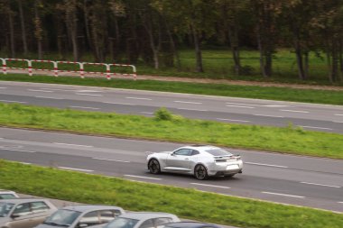 Yeşil yol kenarı, araba hareket halinde.