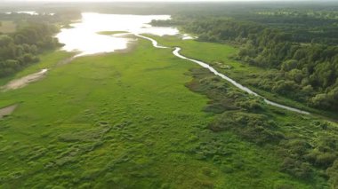 Su ve çimenli manzaralı hava manzarası
