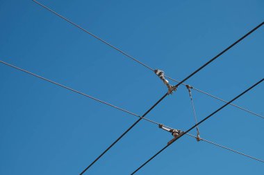 Açık mavi gökyüzünde hafif tren kabloları kesişiyor.