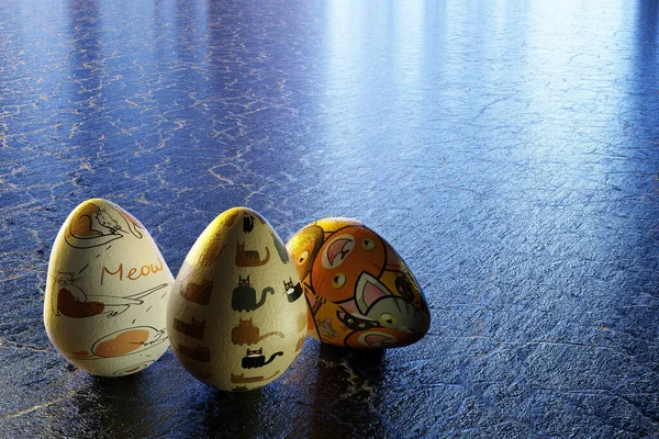 Render Cat Centric Easter Eggs Granite Countertop — Stock Photo, Image