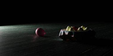 3d rendering of eggs in a basket with low key lighting and plaid cloth on wooden planked table top.