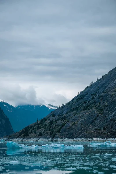 氷の洪水と丘の中腹は アラスカ州エンディコットアームの低雲を望みます — ストック写真