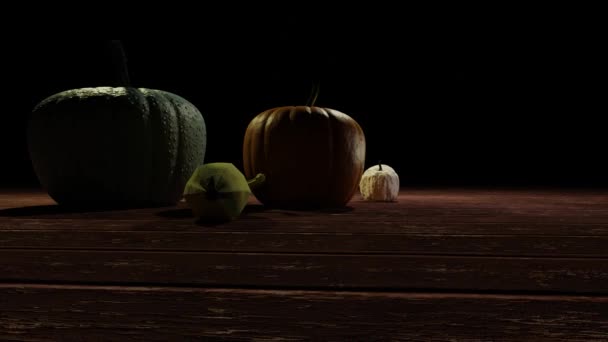 Rotating Render Animation Pumpkins Gourds Wood Table — Stock Video
