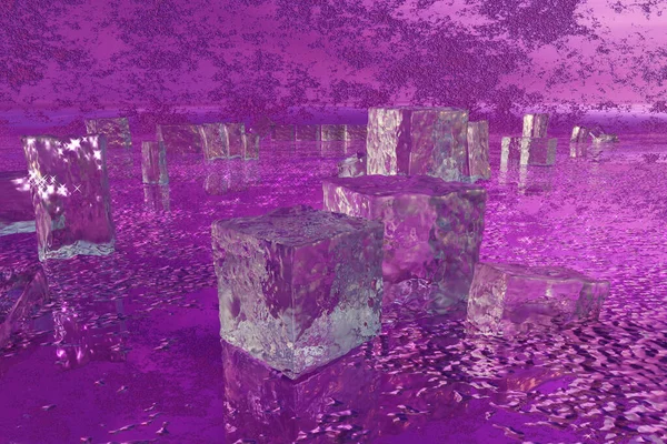 3d render of ice and melt water with crystals on bright purple background