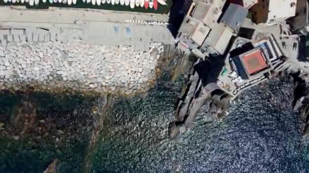 Vista Aérea Rochas Barcos Que Deslocam Através Movimentado Porto Camogli — Vídeo de Stock