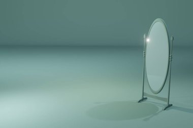 Aynanın 3D görüntüsü ve pastel mavi arka planda dur