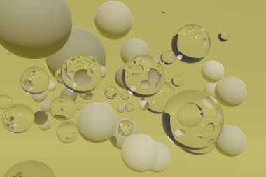Pastel sarısı tonlarda parlayan kürelerin 3D görüntüsü