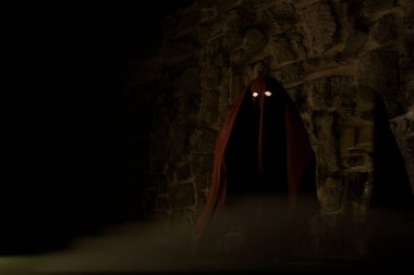 Taş duvarın önünde parlayan gözlerle S3D canlandırması