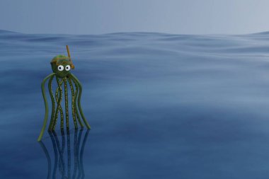 Gözlük ve şnorkel takan tek bir ahtapotun 3 boyutlu görüntüsü.