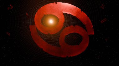 Tanınmış kanser sembolü ve astrolojik arkaplanın 3D görüntüsü