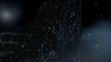 Karanlık ve sisli ortamda ürkütücü taş merdivenlerin 3 boyutlu görüntüsü.