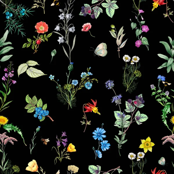 水彩画の植物の花のパターン野の花や森林植物 — ストック写真
