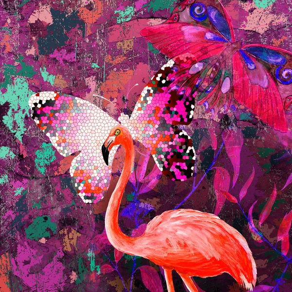 Neon tropical background with hand drawn flamingo