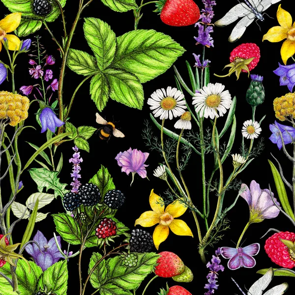 手描きの花やベリーの繰り返しパターン — ストック写真