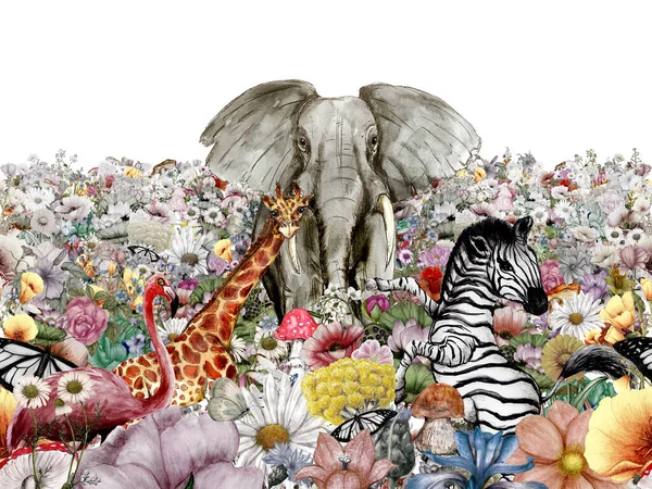 Watercolor illustration of animals and flowers