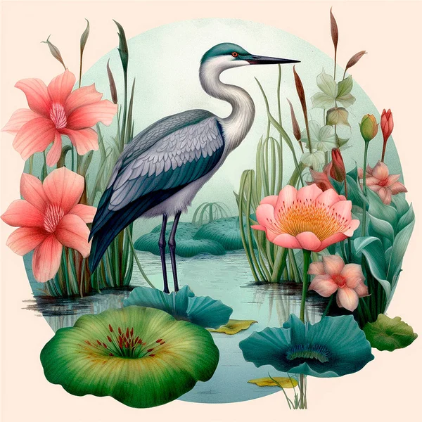 Akvarel Digitální Ilustrace Volavky Zahradě Květinami Stock Fotografie