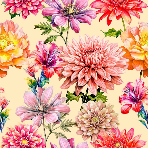 Seamless pattern with hand drawn flowers. Floral illustration.
