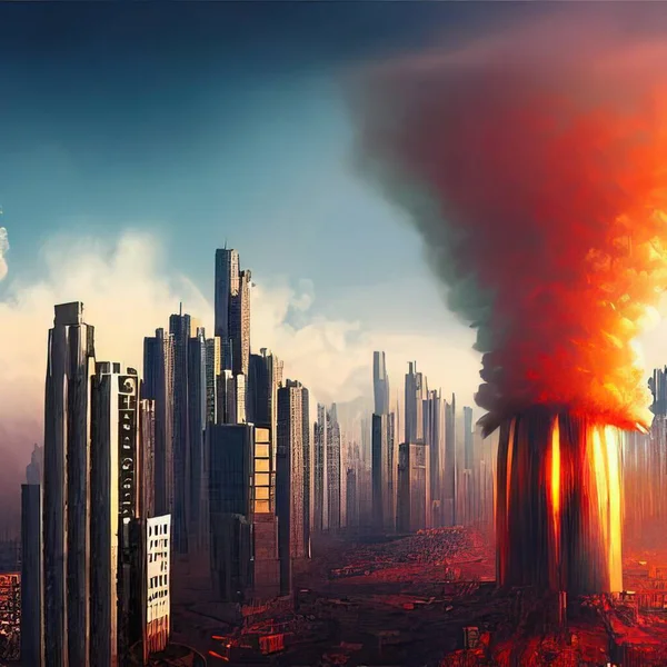 Explosion of a nuclear bomb over a big city, metropolis - a mushroom cloud. Nuclear war in the world. End of the world. Armageddon.