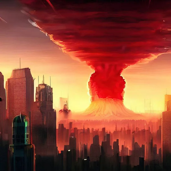 Explosion of a nuclear bomb over a big city, metropolis - a mushroom cloud. Nuclear war in the world. End of the world. Armageddon.
