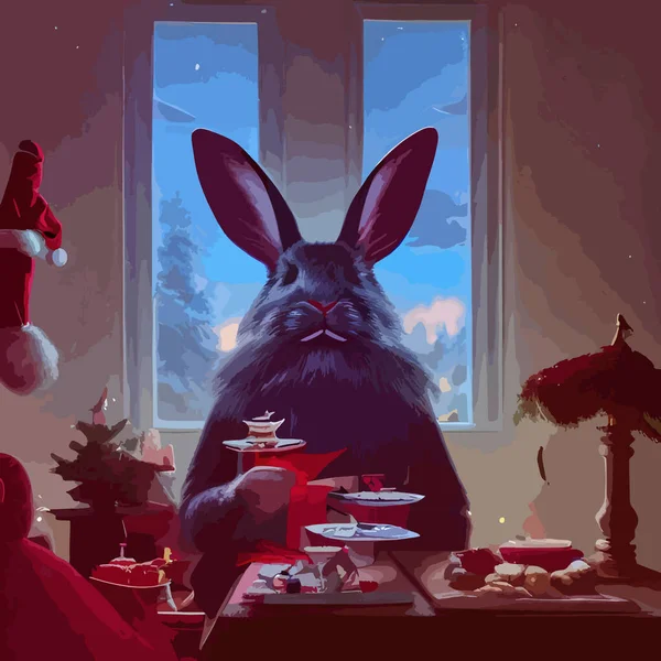 明信片祝2023年新年快乐 黑色水兔年 这幅画描绘了一只有各种节日装饰品的兔子 — 图库矢量图片