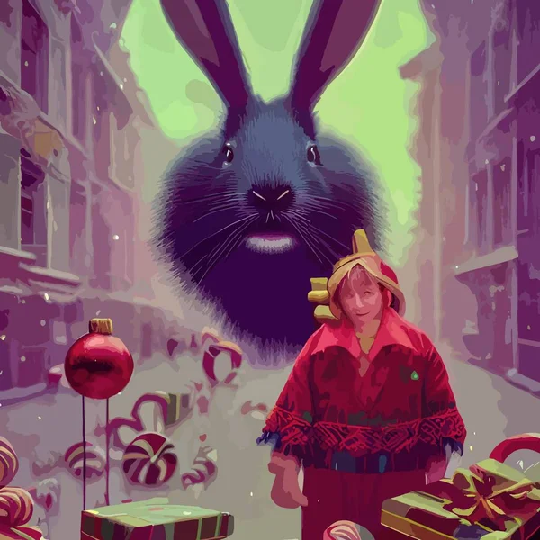 明信片祝2023年新年快乐 黑色水兔年 这幅画描绘了一只有各种节日装饰品的兔子 — 图库矢量图片
