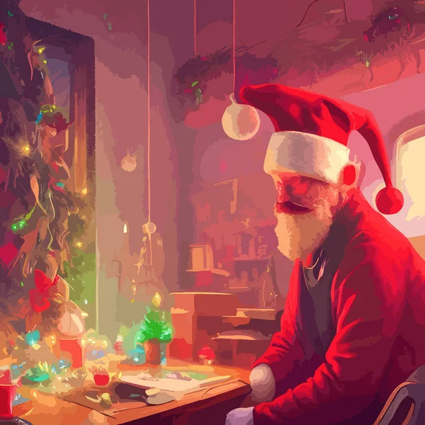 Télapó Ünnepi Belső Tér Egy Faházban Szilveszteri Hangulat Karácsonyi Hangulat — Stock Vector