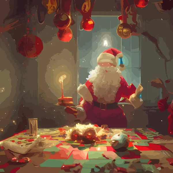 Noel Baba Ahşap Bir Evde Şenlikli Bir Mekan Noel Neşeli — Stok Vektör