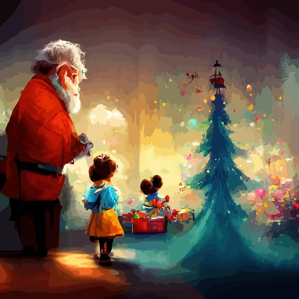 Санта Клаус Праздничный Интерьер Деревянном Доме Новогоднее Веселое Настроение Духа — стоковый вектор