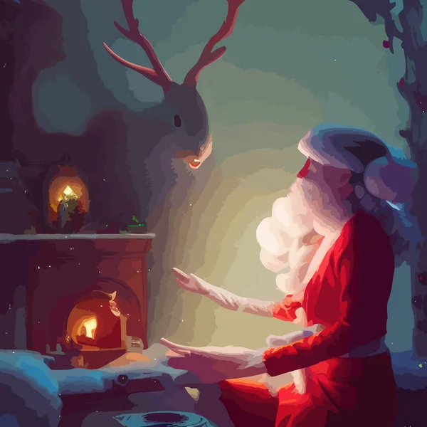Święty Mikołaj Uroczyste Wnętrze Drewnianym Domu Nowy Rok Wesoły Nastrój — Wektor stockowy