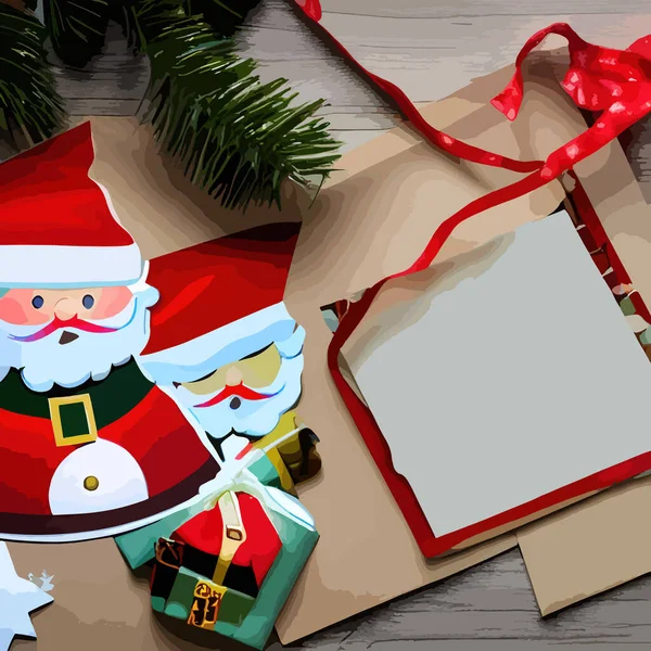 Weihnachten Und Neujahr Hintergrund Weihnachtsmann Mit Geschenken Weihnachtsbaum Mit Kugeln — Stockvektor