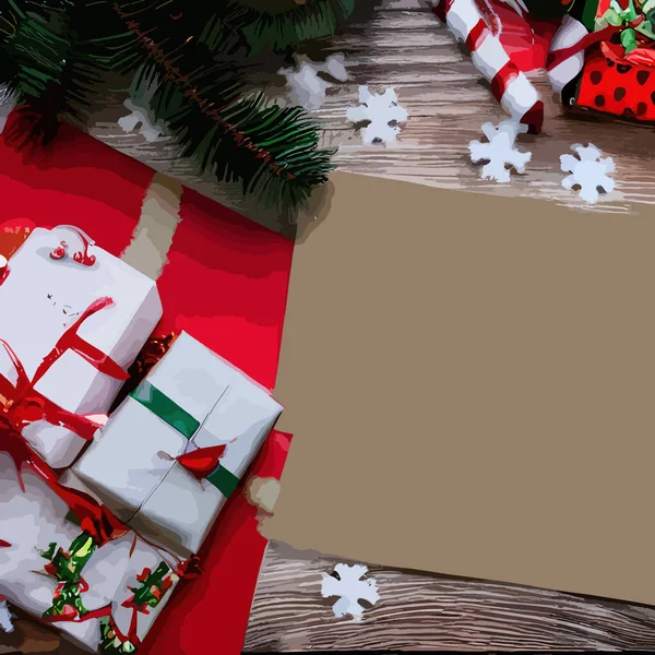 圣诞节和新年背景 圣诞老人带着礼物 有蛋蛋的圣诞树矢量说明 — 图库矢量图片