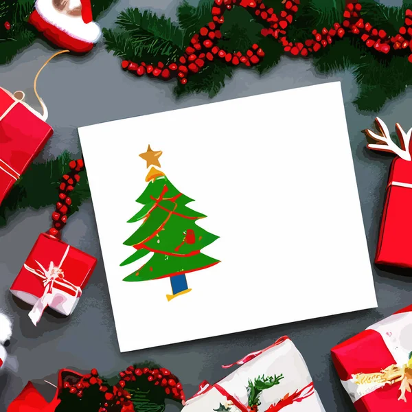 Weihnachten Und Neujahr Hintergrund Weihnachtsmann Mit Geschenken Weihnachtsbaum Mit Kugeln — Stockvektor