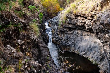 Mountain stream Meshushim. Nahal Meshushim. Rocks in the form of hexagonal basalt columns. Golan Heights. Israel.