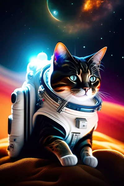 Illustration of an astronaut cat in a spacesuit surrounded by space and stars. Vertical image.