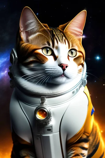 Illustration of an astronaut cat in a spacesuit surrounded by space and stars. Vertical image.