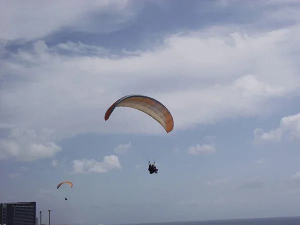 两个滑翔伞在空中飞得很高 只有轮廓是可见的 在乌云密布的蓝天背景下 Netanya 以色列 — 图库照片