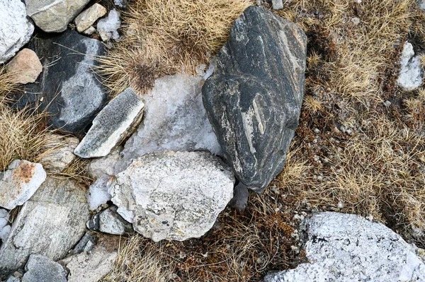 Schneereste Zwischen Steinen Und Moos Den Bergen Bulgariens Zeitigen Frühling — Stockfoto