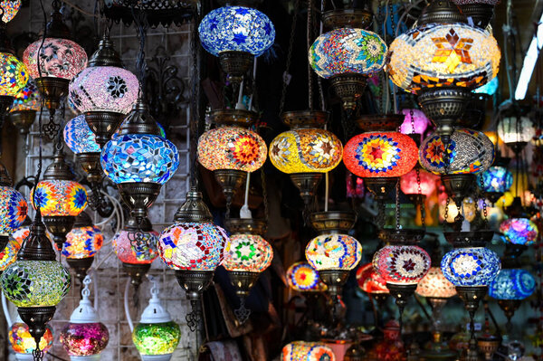 A bunch of Turkish lamps in one of the souvenir shops in Mostar in Bosnia and Montenegro. Close-up.