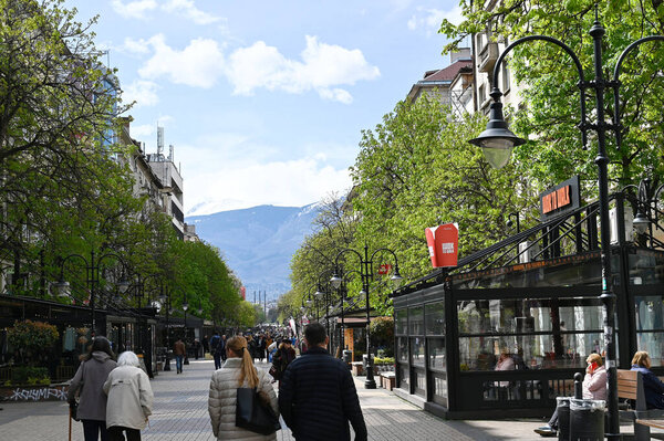 Bulgaria, Sofia, April 15, 2023: people in the Vitosha Boulevard. High quality photo