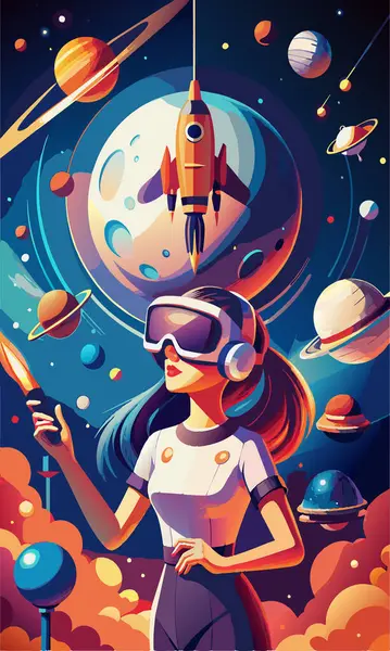 Uzayda gezegenlerin ve roketlerin yanında bir kız. VR gözlükleri karakterinde yenilikler ve modern teknolojiler metaforu. Oyun ya da öğrenme. Çizgi film düz vektör çizimi