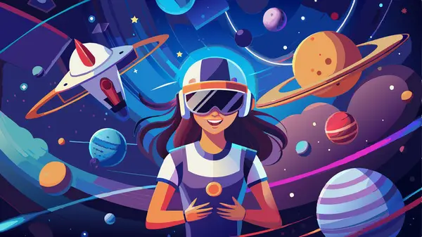  Uzayda gezegenlerin ve roketlerin yanında bir kız. VR gözlükleri karakterinde yenilikler ve modern teknolojiler metaforu. Oyun ya da öğrenme. Çizgi film düz vektör çizimi