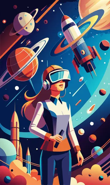  Uzayda gezegenlerin ve roketlerin yanında bir kız. VR gözlükleri karakterinde yenilikler ve modern teknolojiler metaforu. Oyun ya da öğrenme. Çizgi film düz vektör çizimi