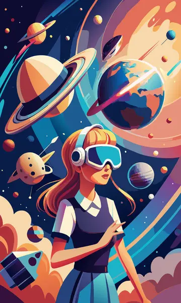  Uzayda gezegenlerin ve roketlerin yanında bir kız. VR gözlükleri karakterinde yenilikler ve modern teknolojiler metaforu. Oyun ya da öğrenme. Çizgi film düz vektör çizimi