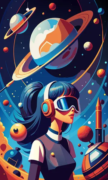  Uzayda gezegenlerin ve roketlerin yanında bir kız. VR gözlükleri karakterinde yenilikler ve modern teknolojiler metaforu. Oyun ya da öğrenme. Çizgi film düz vektör çizimi