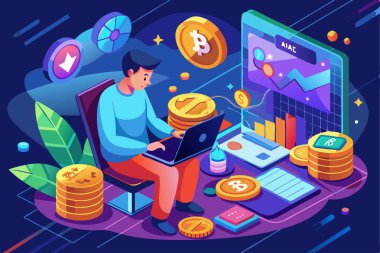 Ofisteki bir dizüstü bilgisayarda şifreli para ile çalışan bir adam. Kripto para birimi konsepti. Vektör illüstrasyonu