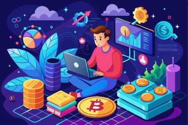 Ofisteki bir dizüstü bilgisayarda şifreli para ile çalışan bir adam. Kripto para birimi konsepti. Vektör illüstrasyonu