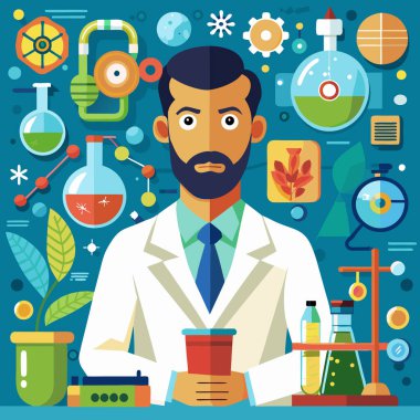 Bilim adamı konsepti. Eğitim ve yenilik fikri. Biyoloji, kimya, tıp ve diğer konular sistematik çalışmalar. İzole edilmiş düz çizim. Vektör illüstrasyonu